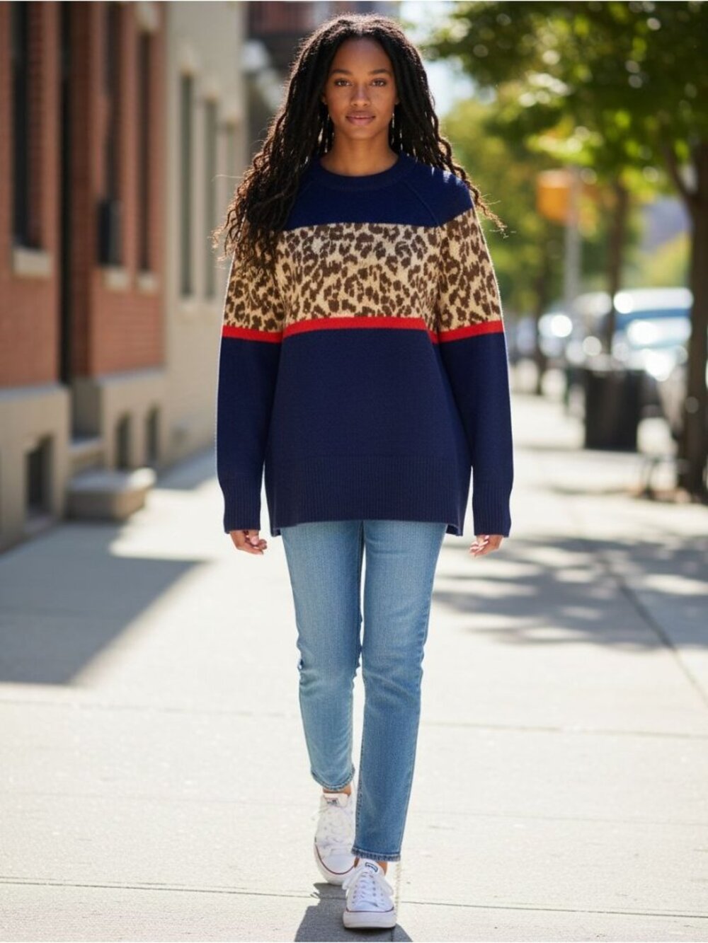 Aerie Womens Leopard Print Stripe Sweater Navy Blue XS Cotton Blend Knit NWT
